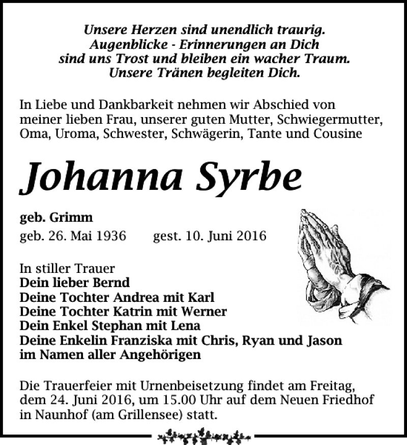  Traueranzeige für Johanna Syrbe vom 18.06.2016 aus Leipziger Volkszeitung