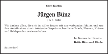 Traueranzeige von Jürgen Bünz von Kieler Nachrichten / Segeberger Zeitung