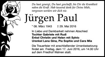Traueranzeige von Jürgen Paul von Leipziger Volkszeitung