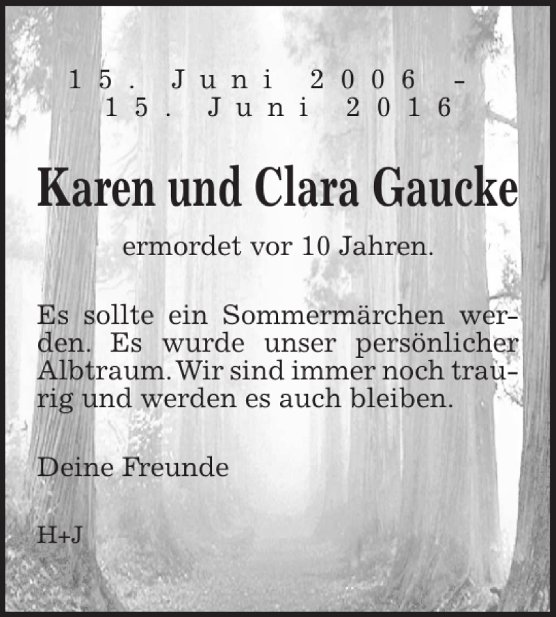  Traueranzeige für Karen und Clara Gaucke vom 15.06.2016 aus HAZ/NP