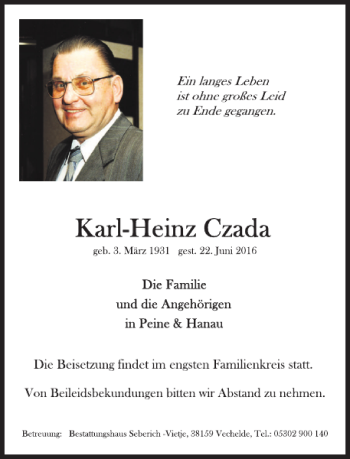 Traueranzeige von Karl-Heinz Czada von Peiner Allgemeine Zeitung