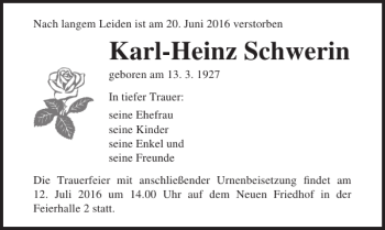 Traueranzeige von Karl-Heinz Schwerin von Ostsee-Zeitung