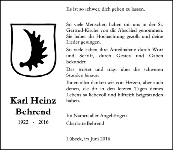 Traueranzeige von Karl Heinz Behrend von Lübecker Nachrichten