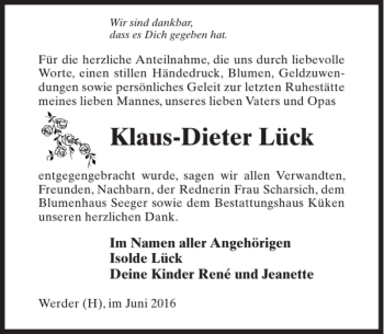 Traueranzeige von Klaus-Dieter Lück von MAZ-Trauer.de