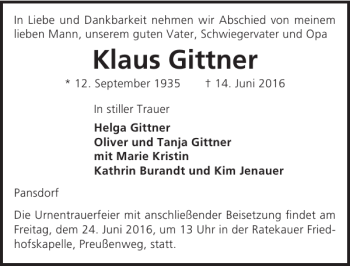 Traueranzeige von Klaus Gittner von Lübecker Nachrichten