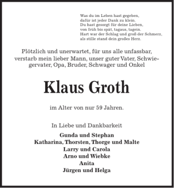Traueranzeige von Klaus Groth von Kieler Nachrichten / Segeberger Zeitung