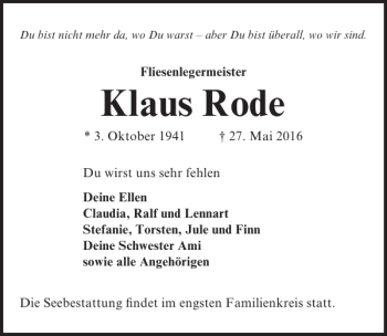 Traueranzeige von Klaus Rode von Lübecker Nachrichten