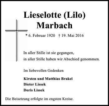 Traueranzeige von Lieselotte Lilo Marbach von Kieler Nachrichten / Segeberger Zeitung