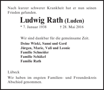 Traueranzeige von Ludwig Rath von Lübecker Nachrichten
