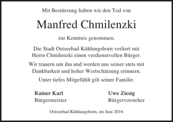 Traueranzeige von Manfred Chmilenzki von Ostsee-Zeitung