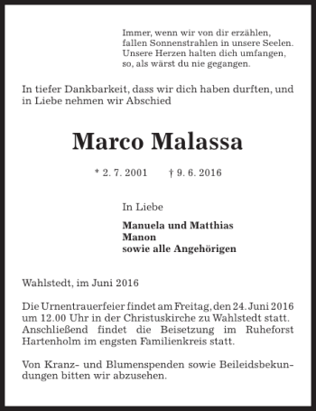 Traueranzeige von Marco Malassa von Kieler Nachrichten / Segeberger Zeitung