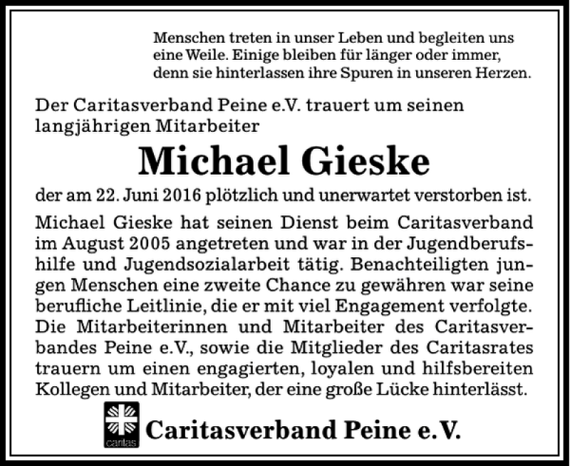  Traueranzeige für Michael Gieske vom 25.06.2016 aus Peiner Allgemeine Zeitung