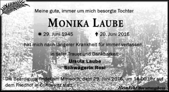 Traueranzeige von Monika Laube von Leipziger Volkszeitung