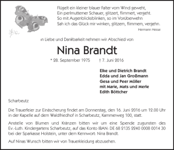 Traueranzeige von Nina Brandt von Lübecker Nachrichten