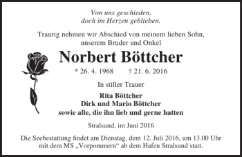 Traueranzeige von Norbert Böttcher von Ostsee-Zeitung