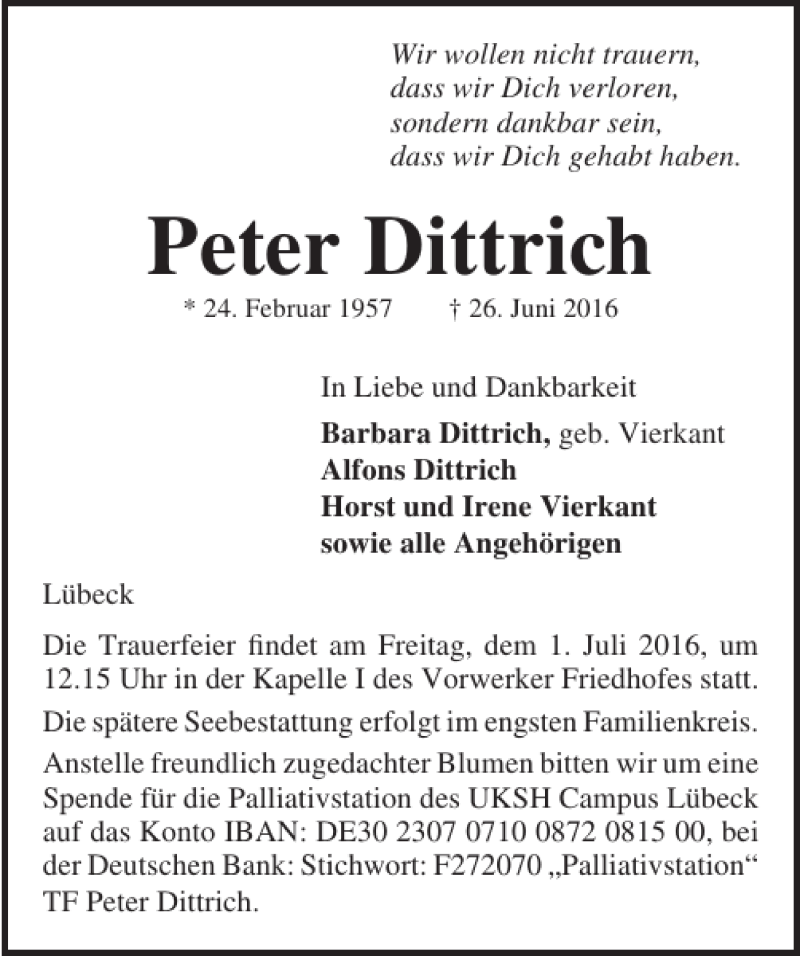  Traueranzeige für Peter Dittrich vom 29.06.2016 aus Lübecker Nachrichten