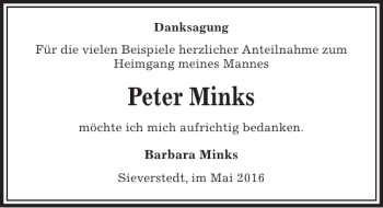 Traueranzeige von Peter Minks von Kieler Nachrichten / Segeberger Zeitung