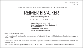 Traueranzeige von REIMER BRACKER von Kieler Nachrichten / Segeberger Zeitung