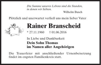 Traueranzeige von Rainer Branscheid von MAZ-Trauer.de