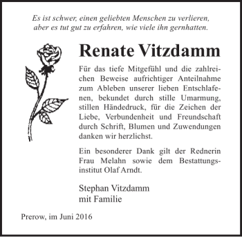 Traueranzeige von Renate Vitzdamm von Ostsee-Zeitung