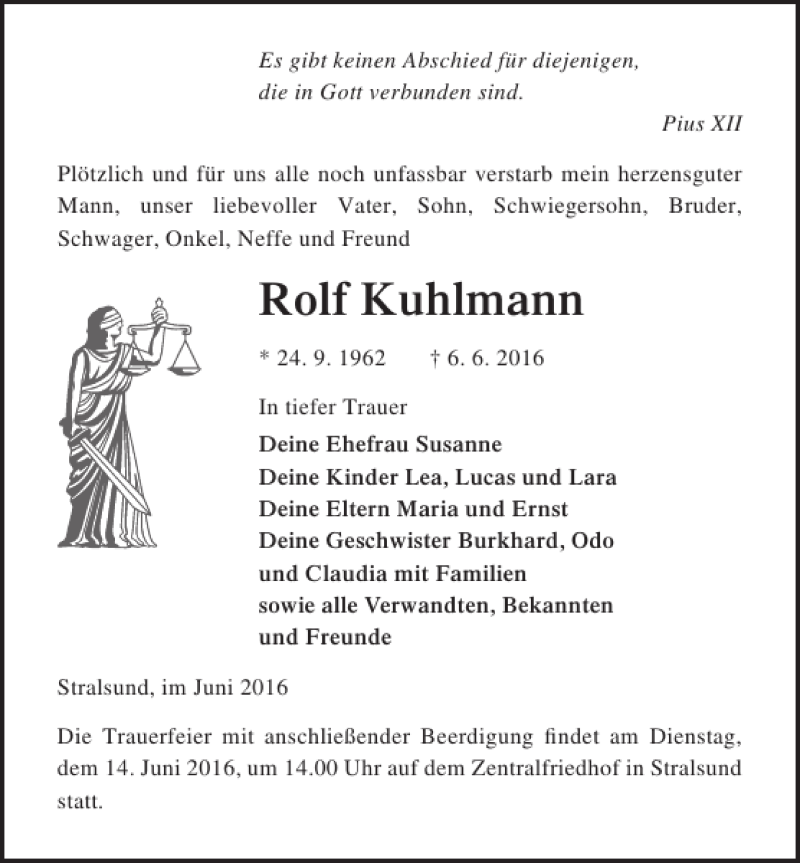  Traueranzeige für Rolf Kuhlmann vom 11.06.2016 aus Ostsee-Zeitung