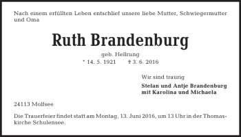 Traueranzeige von Ruth Brandenburg von Kieler Nachrichten / Segeberger Zeitung