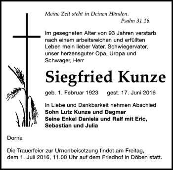 Traueranzeige von Siegfried Kunze von Leipziger Volkszeitung