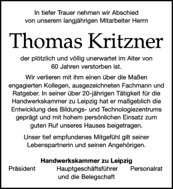 Traueranzeige von Thomas Kritzner von Leipziger Volkszeitung