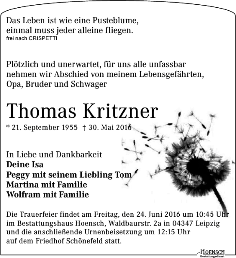  Traueranzeige für Thomas Kritzner vom 11.06.2016 aus Leipziger Volkszeitung