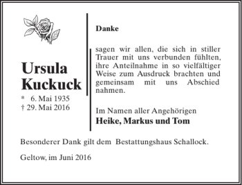 Traueranzeige von Ursula Kuckuck von MAZ-Trauer.de