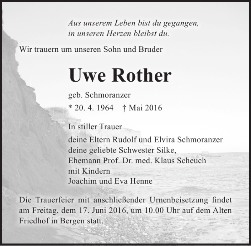  Traueranzeige für Uwe Rother vom 04.06.2016 aus Ostsee-Zeitung