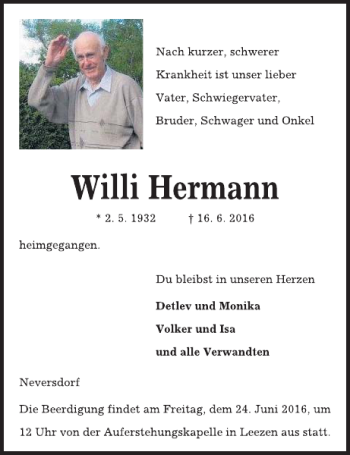 Traueranzeige von Willi Hermann von Kieler Nachrichten / Segeberger Zeitung