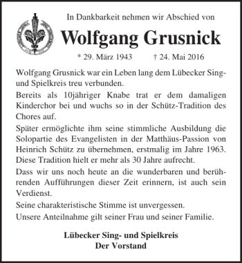 Traueranzeige von Wolfgang Grusnick von Lübecker Nachrichten