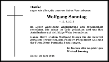 Traueranzeige von Wolfgang Sonntag von Peiner Allgemeine Zeitung