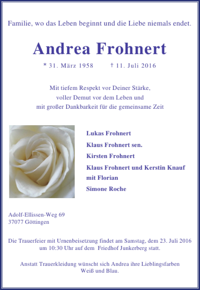  Traueranzeige für Andrea Frohnert vom 16.07.2016 aus Göttinger Tageblatt