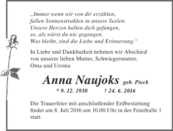 Traueranzeige von Anna Naujoks von Ostsee-Zeitung