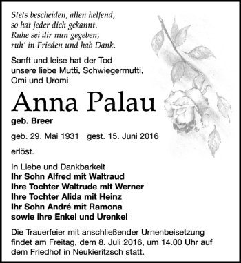 Traueranzeige von Anna Palau von Leipziger Volkszeitung