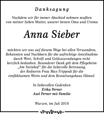 Traueranzeige von Anna Sieber von Leipziger Volkszeitung
