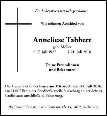 Traueranzeige von Anneliese Tabbert von Schaumburger Nachrichten