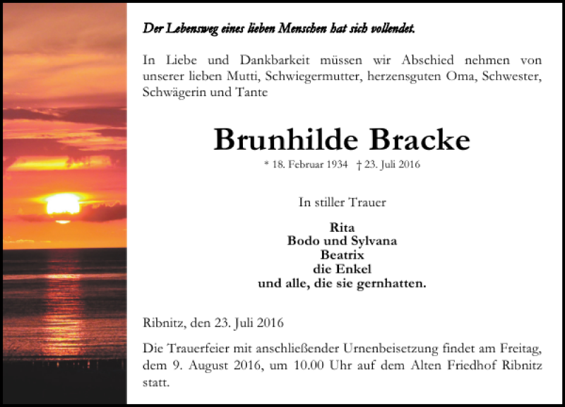  Traueranzeige für Brunhilde Bracke vom 30.07.2016 aus Ostsee-Zeitung