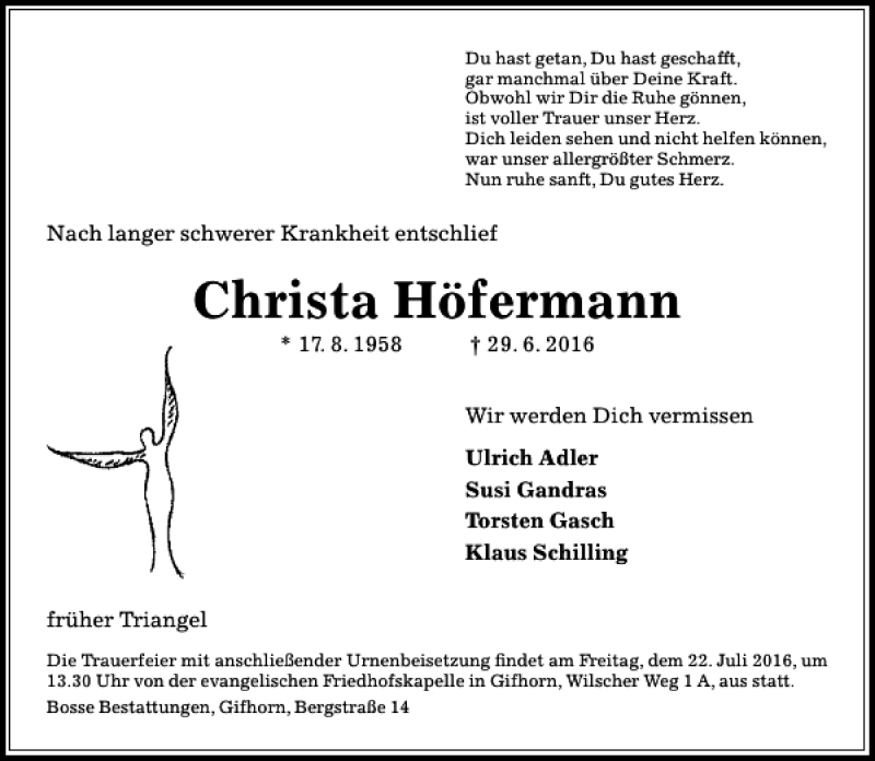  Traueranzeige für Christa Hoefermann vom 16.07.2016 aus Aller Zeitung / Wolfsburger Allgemeine