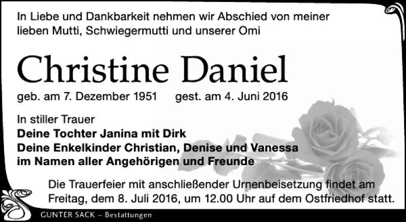  Traueranzeige für Christine Daniel vom 02.07.2016 aus Leipziger Volkszeitung