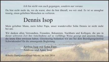 Traueranzeige von Dennis Isop von Ostsee-Zeitung