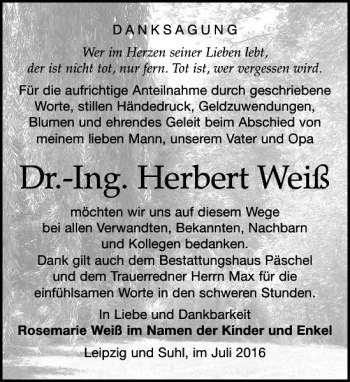 Traueranzeige von Dr.-Ing. Herbert Weiß von Leipziger Volkszeitung