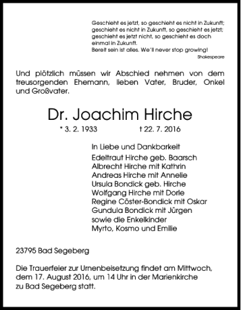 Traueranzeige von Dr. Joachim Hirche von Kieler Nachrichten / Segeberger Zeitung