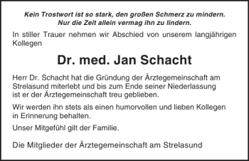 Traueranzeige von Dr. med. Jan Schacht von Ostsee-Zeitung