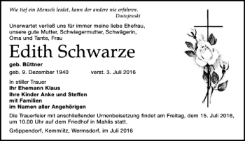 Traueranzeige von Edith Schwarze von Leipziger Volkszeitung