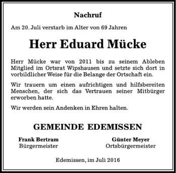 Traueranzeige von Eduard Mücke von Peiner Allgemeine Zeitung