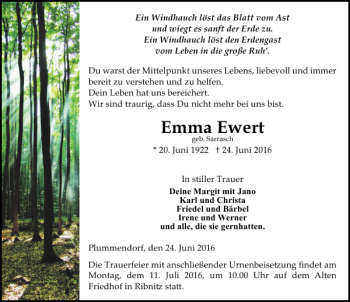 Traueranzeige von Emma Ewert von Ostsee-Zeitung