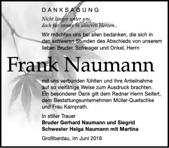 Traueranzeige von Frank Naumann von Leipziger Volkszeitung